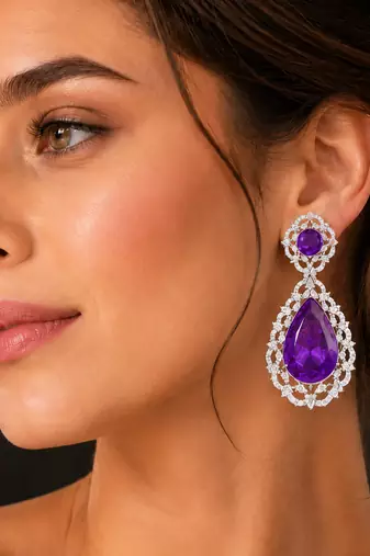 Royal purple teardrop crystal long drop earrings with silver-tone floral cz design
