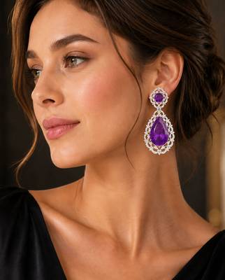 Royal purple teardrop crystal long drop earrings with silver-tone floral cz design 3