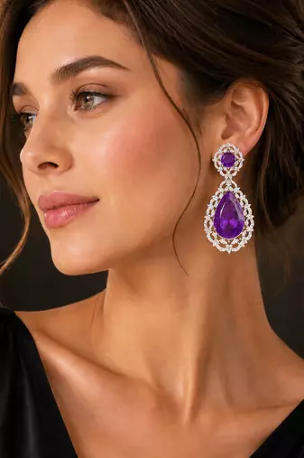 Royal purple teardrop crystal long drop earrings with silver-tone floral cz design