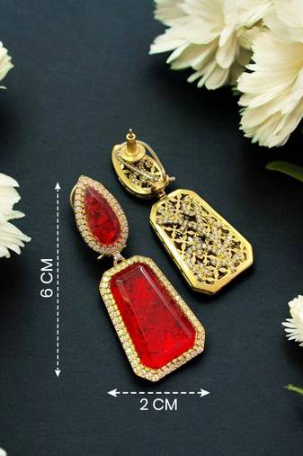 Elegant gold-plated red crystal dual-shaped statement drop earrings for women
