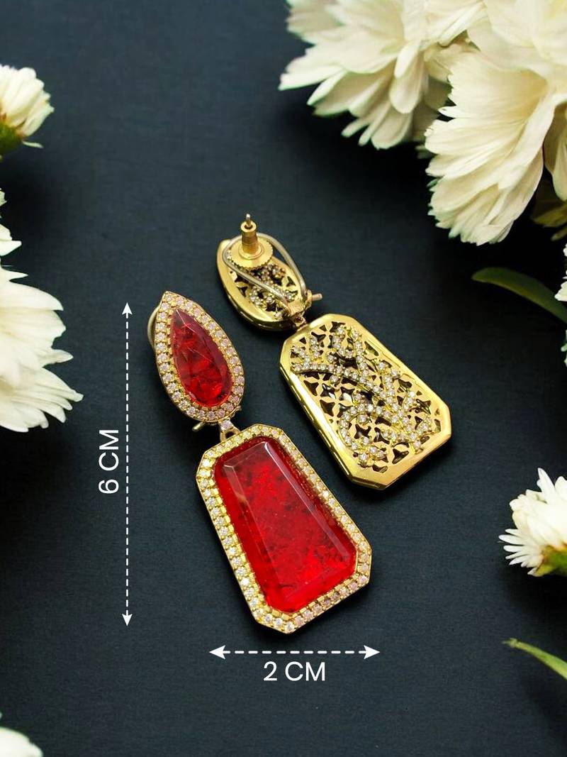 Elegant gold-plated red crystal dual-shaped statement drop earrings for women