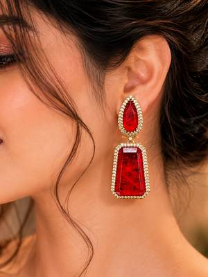 Elegant gold-plated red crystal dual-shaped statement drop earrings for women 2