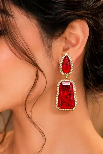 Elegant gold-plated red crystal dual-shaped statement drop earrings for women