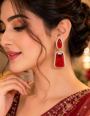 Elegant gold-plated red crystal dual-shaped statement drop earrings for women 3