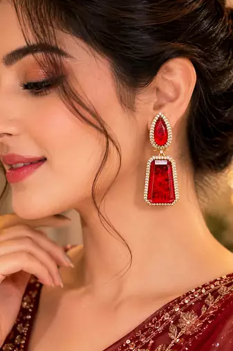 Elegant gold-plated red crystal dual-shaped statement drop earrings for women