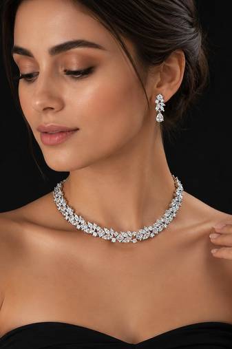 Elegant silver-toned american diamond floral necklace set with drop earrings for women