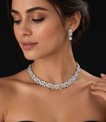 Elegant silver-toned american diamond floral necklace set with drop earrings for women