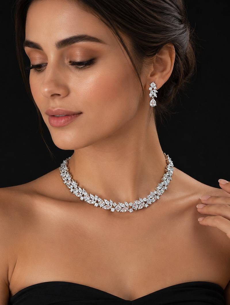 Elegant silver-toned american diamond floral necklace set with drop earrings for women