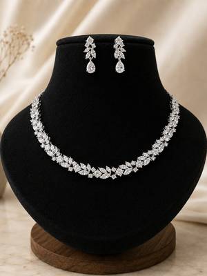Elegant silver-toned american diamond floral necklace set with drop earrings for women 2