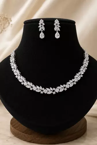 Elegant silver-toned american diamond floral necklace set with drop earrings for women