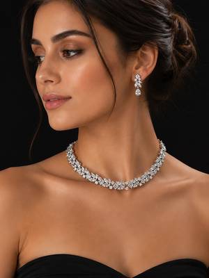 Elegant silver-toned american diamond floral necklace set with drop earrings for women 3