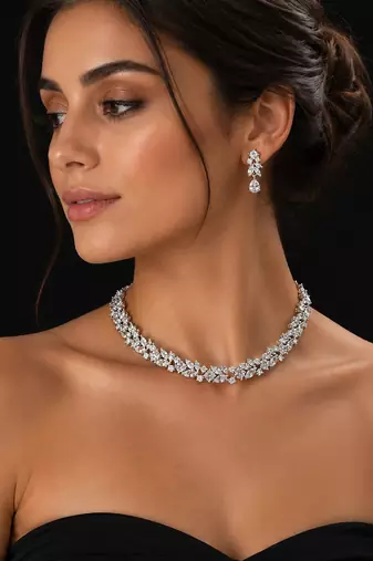 Elegant silver-toned american diamond floral necklace set with drop earrings for women