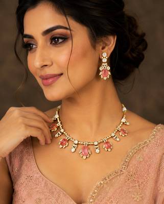 Royal peach and pink kundan floral necklace set with matching earrings for women 1