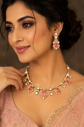 Royal peach and pink kundan floral necklace set with matching earrings for women