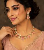 Royal peach and pink kundan floral necklace set with matching earrings for women