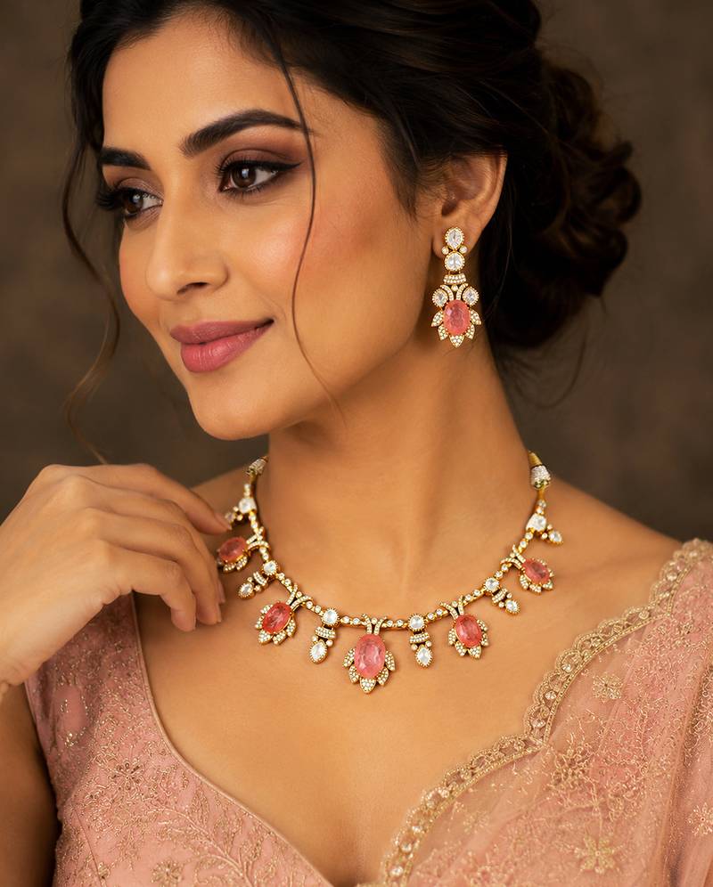 Royal peach and pink kundan floral necklace set with matching earrings for women