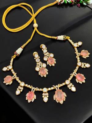 Royal peach and pink kundan floral necklace set with matching earrings for women 2