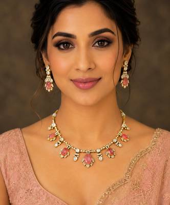 Royal peach and pink kundan floral necklace set with matching earrings for women 3