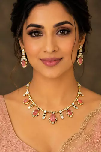 Royal peach and pink kundan floral necklace set with matching earrings for women