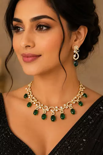 Elegant green stone & american diamond gold-plated statement necklace set with earrings