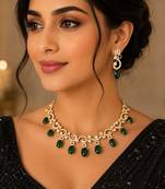 Elegant green stone & american diamond gold-plated statement necklace set with earrings