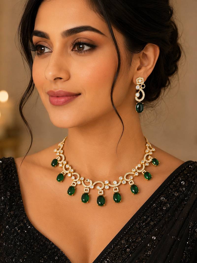 Elegant green stone & american diamond gold-plated statement necklace set with earrings