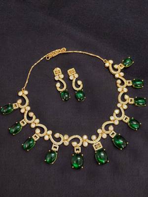 Elegant green stone & american diamond gold-plated statement necklace set with earrings 2