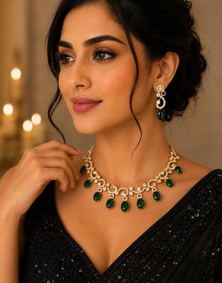 Elegant green stone & american diamond gold-plated statement necklace set with earrings 3