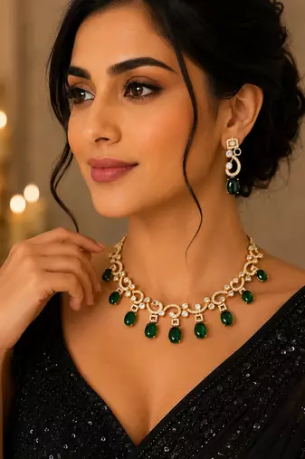 Elegant green stone & american diamond gold-plated statement necklace set with earrings