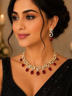 Elegant red stone & american diamond gold-plated statement necklace set with earrings 1