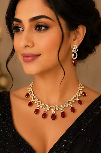 Elegant red stone & american diamond gold-plated statement necklace set with earrings