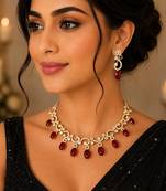Elegant red stone & american diamond gold-plated statement necklace set with earrings