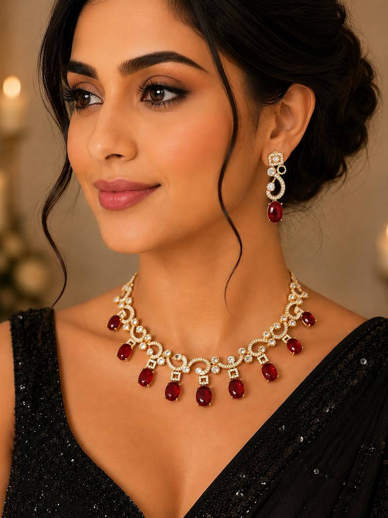 Elegant red stone & american diamond gold-plated statement necklace set with earrings