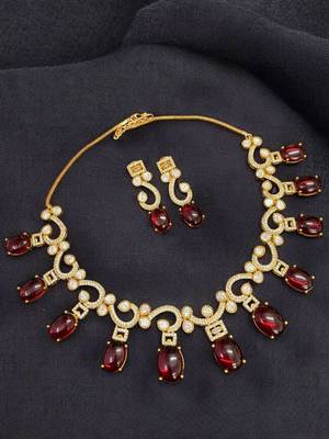 Elegant red stone & american diamond gold-plated statement necklace set with earrings 2