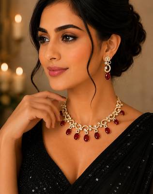 Elegant red stone & american diamond gold-plated statement necklace set with earrings 3