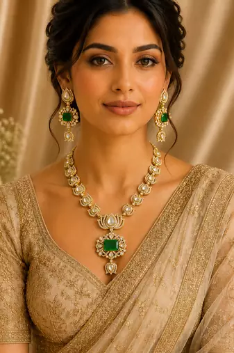 Royal green stone kundan & american diamond gold-plated long necklace set with earrings