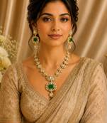 Royal green stone kundan & american diamond gold-plated long necklace set with earrings