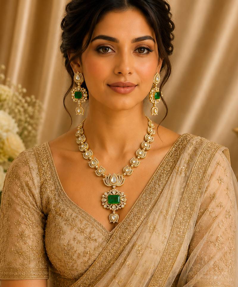 Royal green stone kundan & american diamond gold-plated long necklace set with earrings