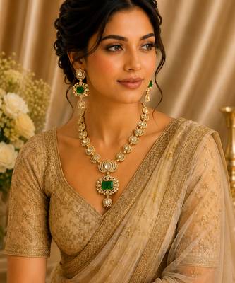 Royal green stone kundan & american diamond gold-plated long necklace set with earrings 2