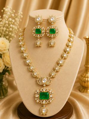 Royal green stone kundan & american diamond gold-plated long necklace set with earrings 3