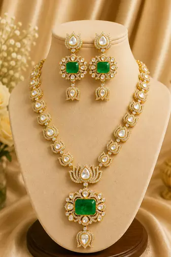 Royal green stone kundan & american diamond gold-plated long necklace set with earrings