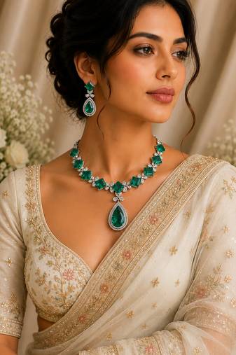 Luxury emerald green american diamond statement necklace set with drop earrings for women