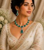 Luxury emerald green american diamond statement necklace set with drop earrings for women