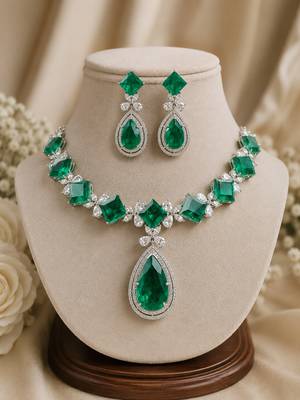 Luxury emerald green american diamond statement necklace set with drop earrings for women 2