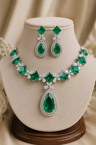 Luxury emerald green american diamond statement necklace set with drop earrings for women