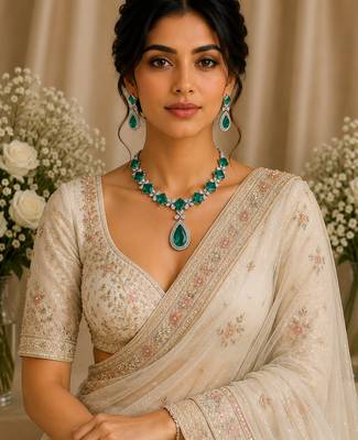 Luxury emerald green american diamond statement necklace set with drop earrings for women 3