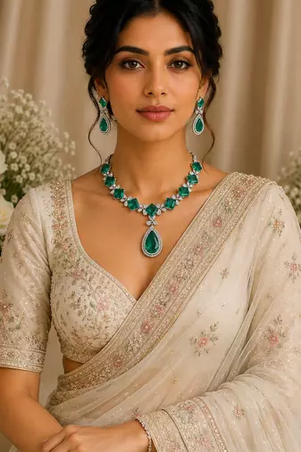 Luxury emerald green american diamond statement necklace set with drop earrings for women