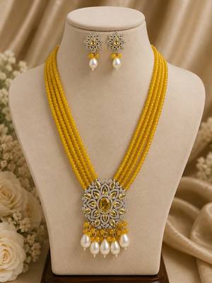Traditional yellow beaded floral pendant necklace set with pearl drops for women 2