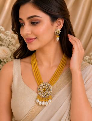 Traditional yellow beaded floral pendant necklace set with pearl drops for women 3