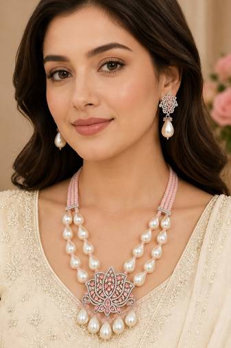 Elegant pink lotus pearl statement necklace set with earrings | american diamond & pearl bridal jewellery